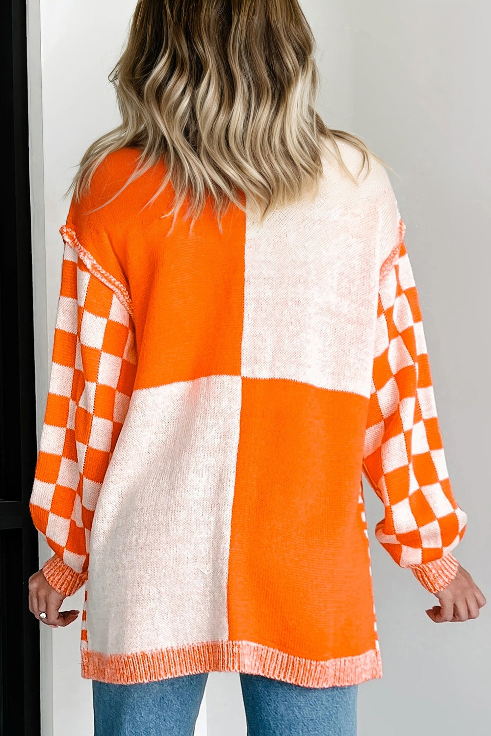 Orange Checkered Bubble Sleeve Drop Shoulder Open Cardigan