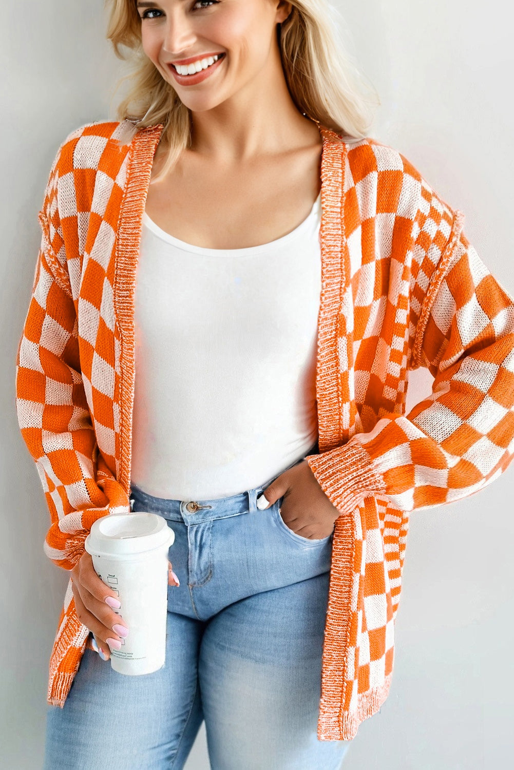 Orange Checkered Bubble Sleeve Drop Shoulder Open Cardigan