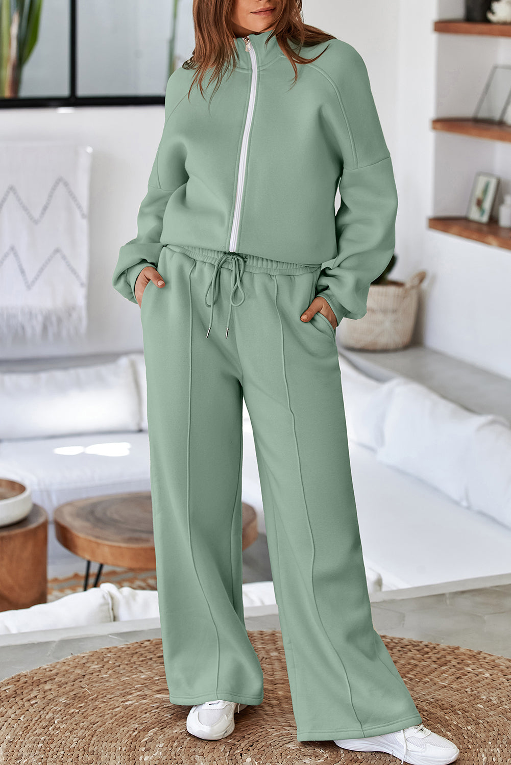 Black Drop Shoulder Zip Up Jacket Drawstring Pants Active 2pcs Set