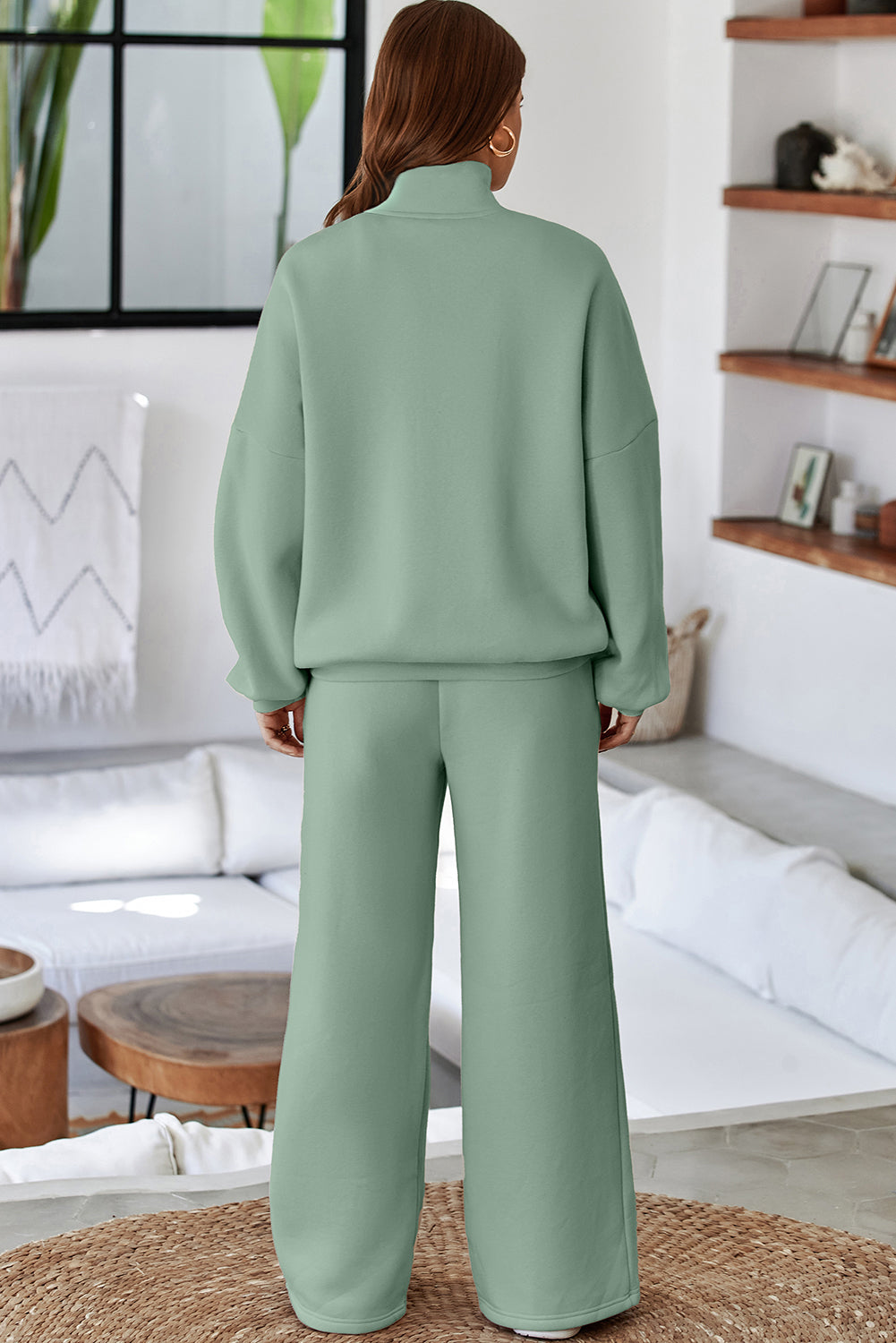 Black Drop Shoulder Zip Up Jacket Drawstring Pants Active 2pcs Set