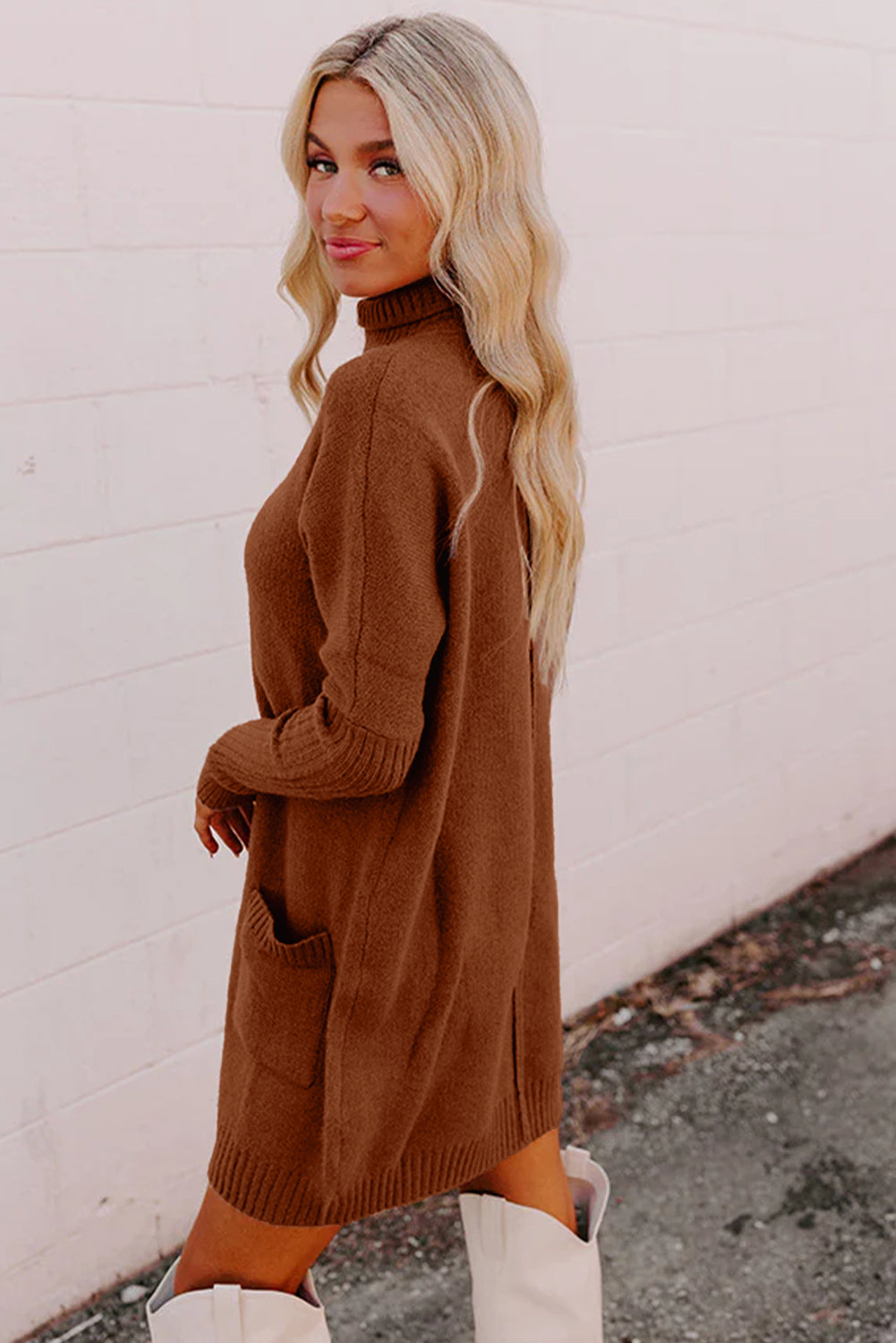 Chestnut Ribbed High Neck Front Pockets Center Seam Shift Sweater Dress