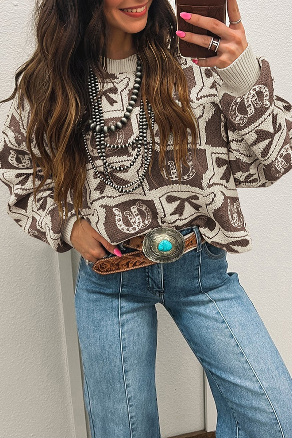 Black Bows & Horseshoes Pattern Western Fashion Print Sweater