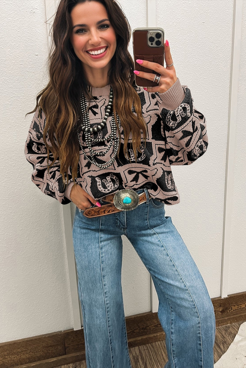 Black Bows & Horseshoes Pattern Western Fashion Print Sweater
