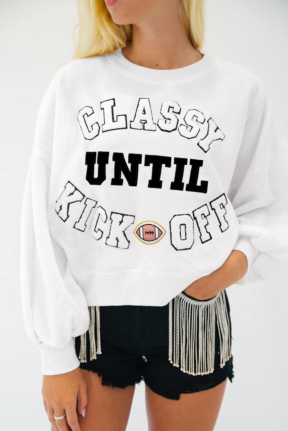 Navy Blue CLASSY UNTIL KICKOFF Plush Letter Patched Loose Sweatshirt