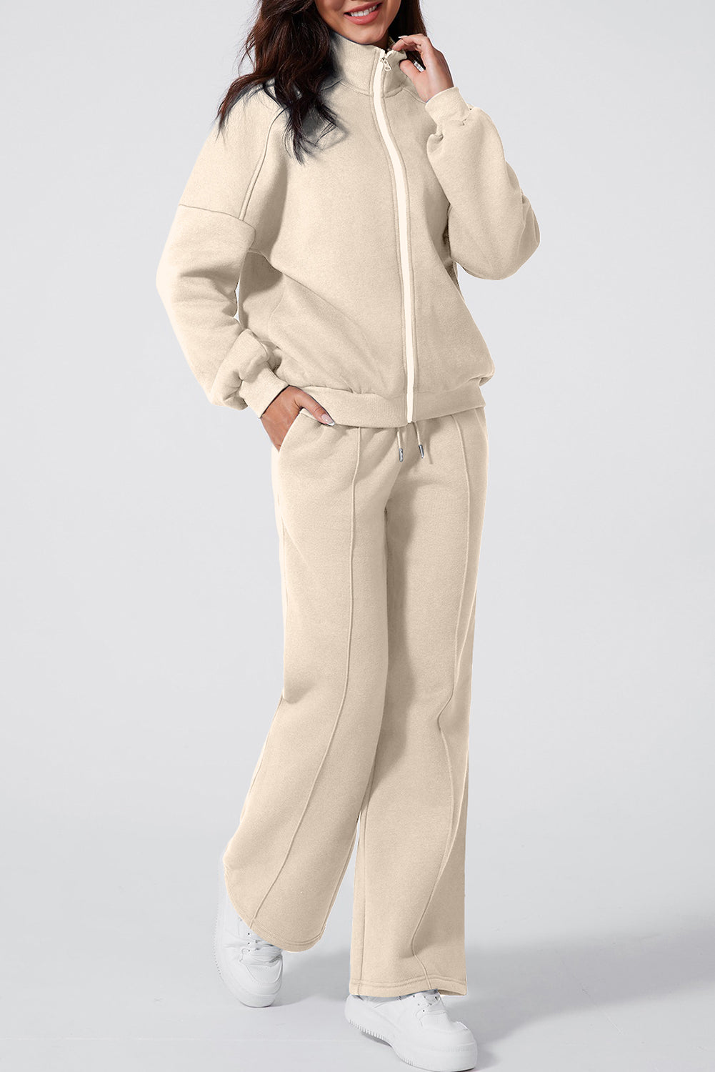 Black Drop Shoulder Zip Up Jacket Drawstring Pants Active 2pcs Set
