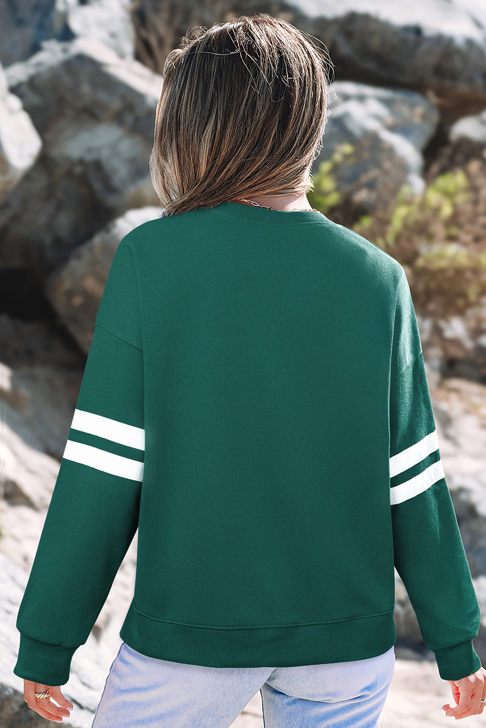 Light French Beige Varsity Striped Detail Drop Shoulder Oversized Sweatshirt