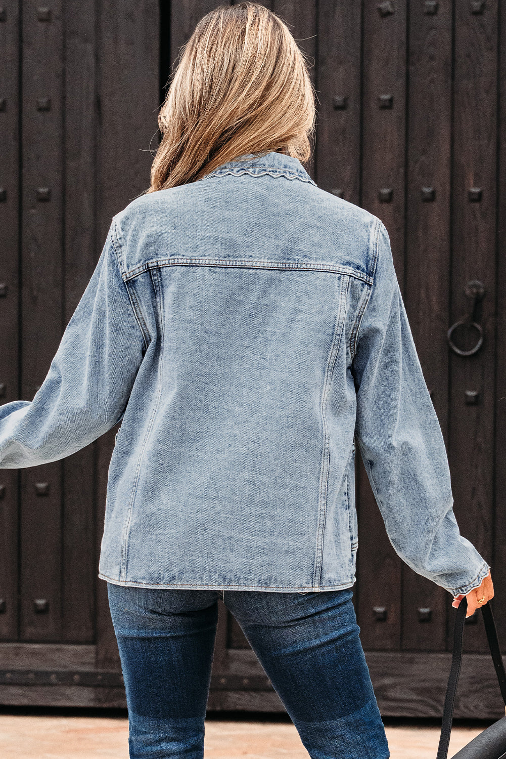 Sail Blue Scallop Trim Collar Patched Pocket Button Up Denim Jacket
