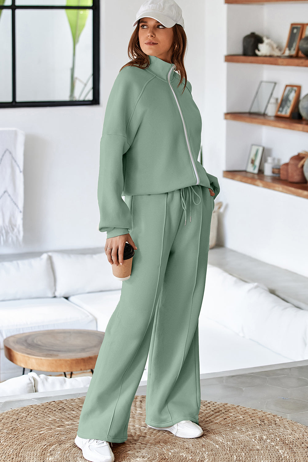 Black Drop Shoulder Zip Up Jacket Drawstring Pants Active 2pcs Set
