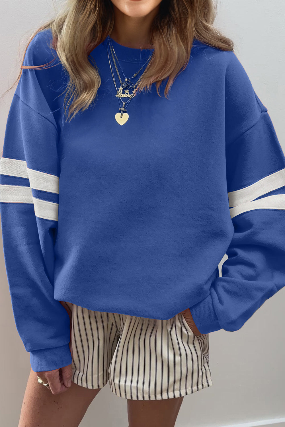 Light French Beige Varsity Striped Detail Drop Shoulder Oversized Sweatshirt