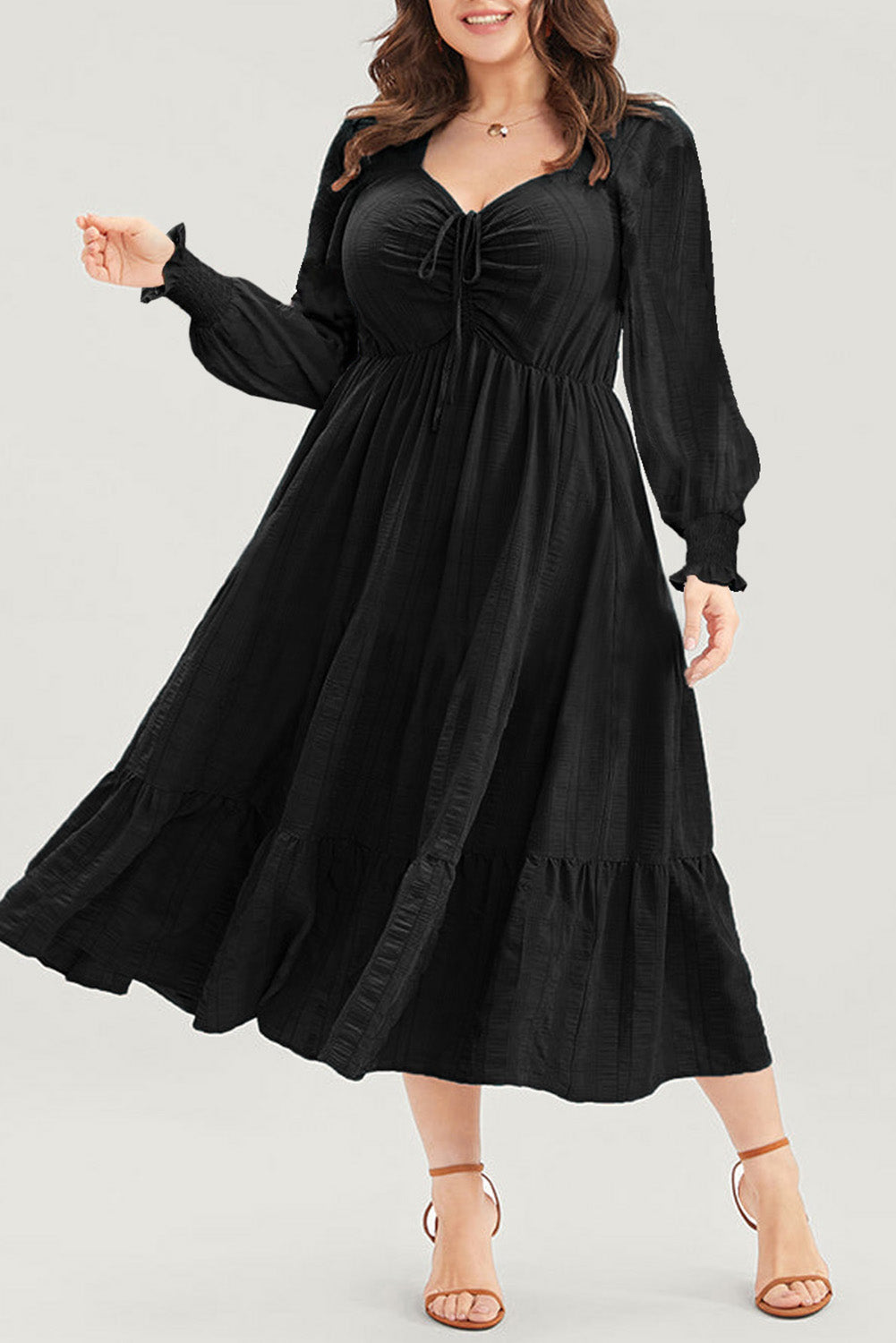 Fiery Red Lace-up Ruched Front Long Sleeve Ruffle Hem Plus Size Midi Dress