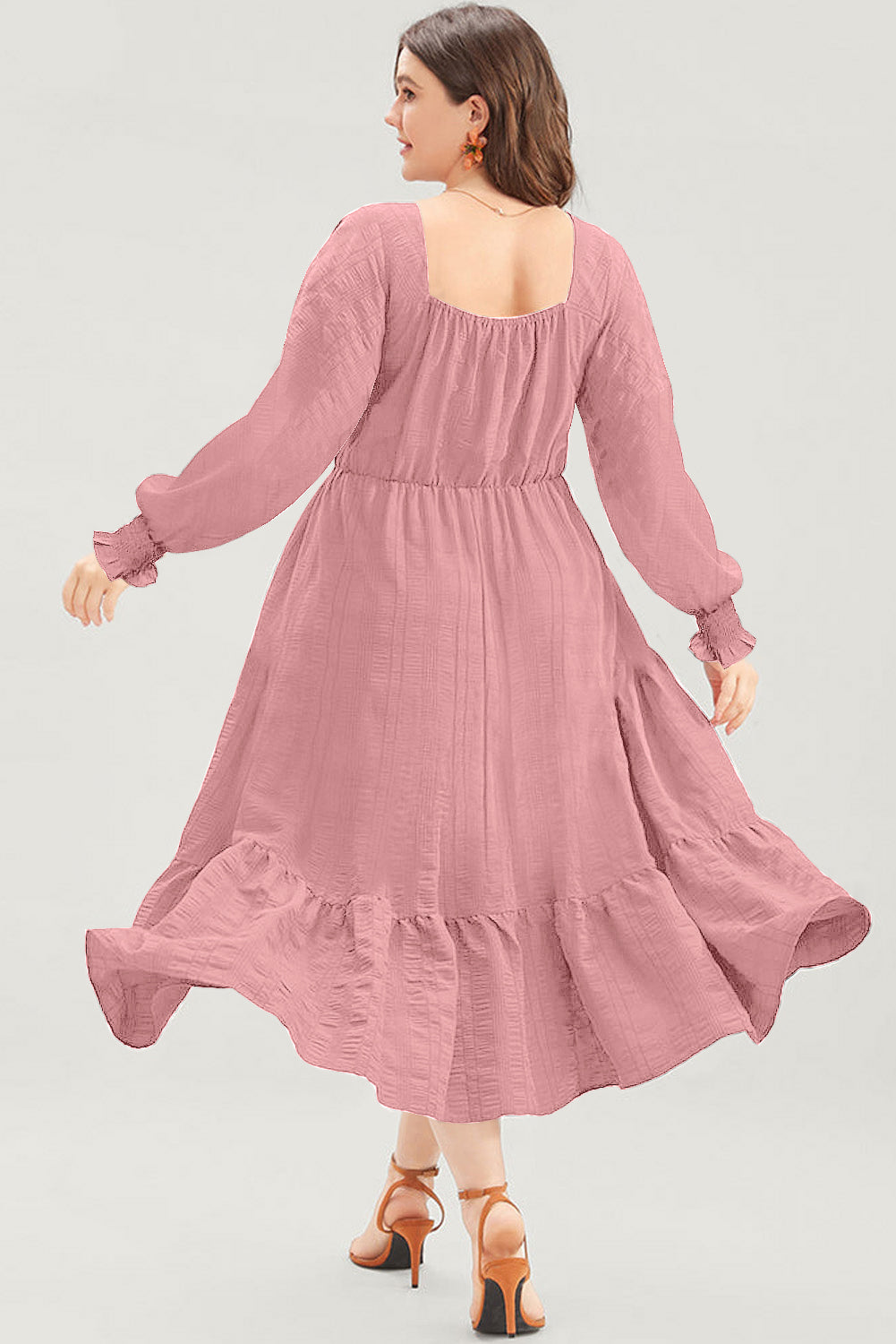 Fiery Red Lace-up Ruched Front Long Sleeve Ruffle Hem Plus Size Midi Dress