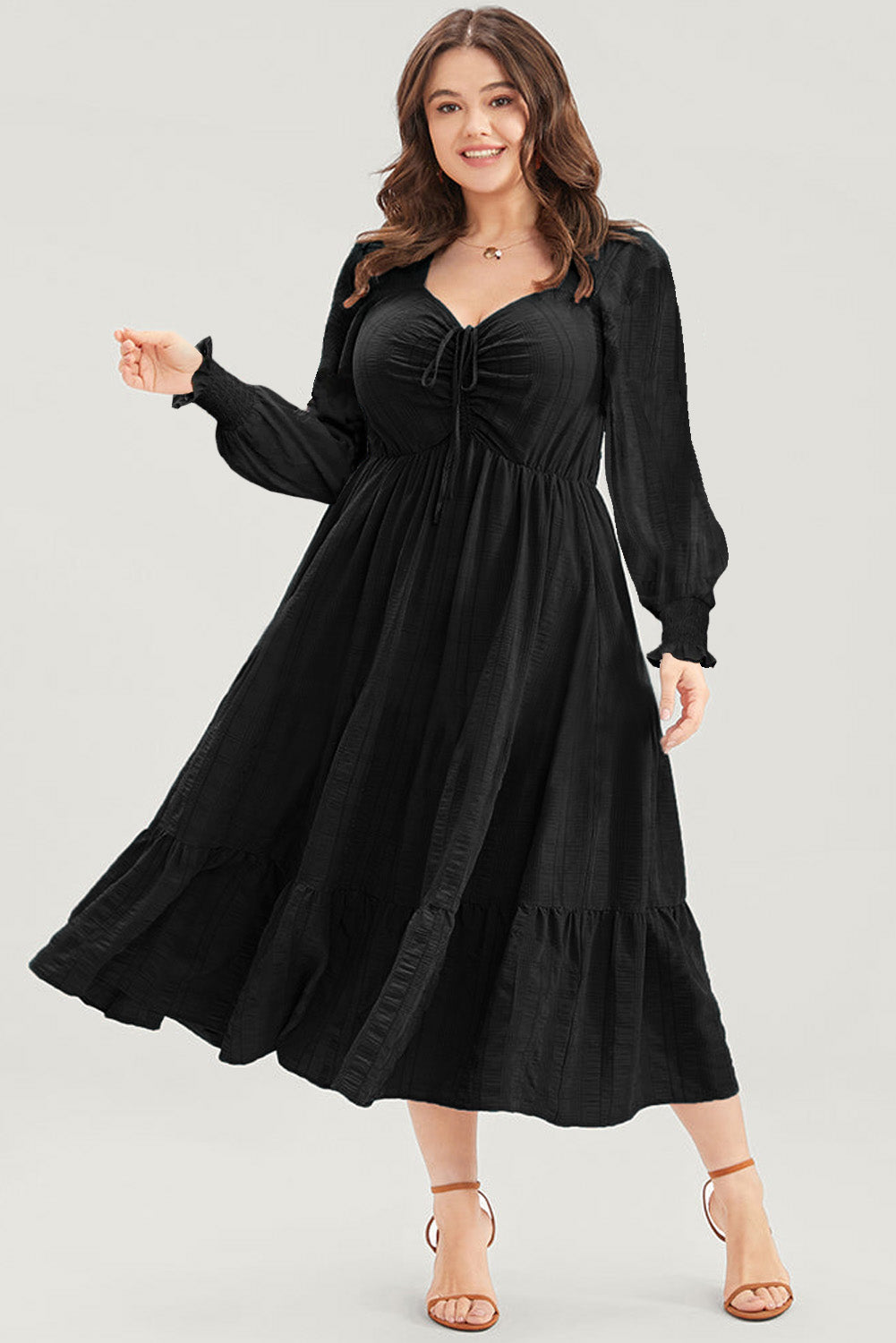 Fiery Red Lace-up Ruched Front Long Sleeve Ruffle Hem Plus Size Midi Dress