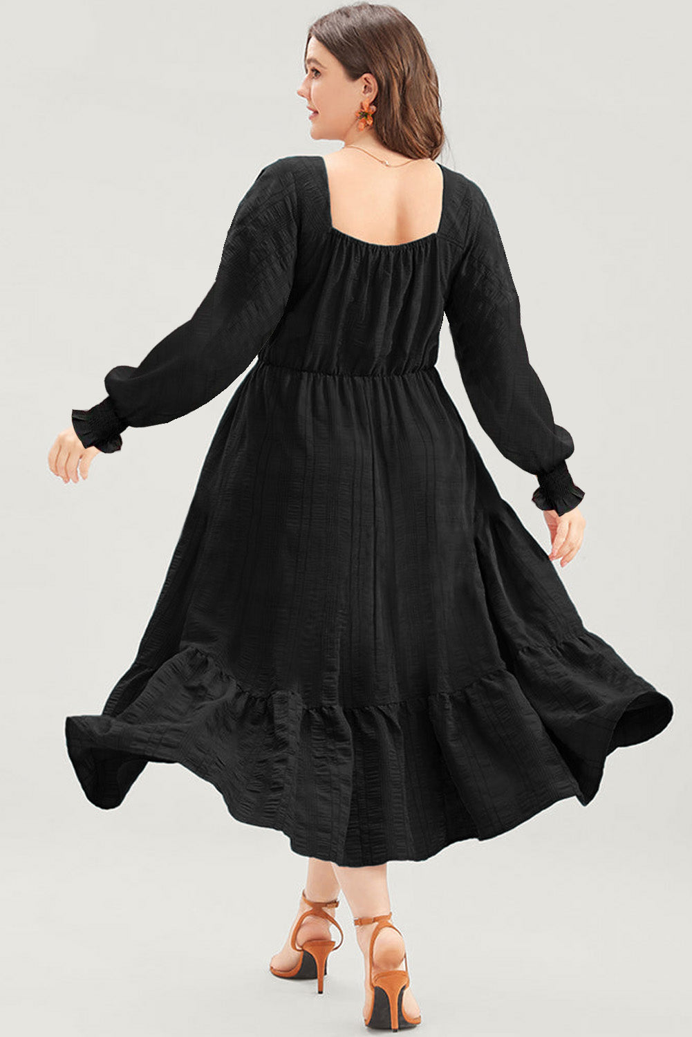 Fiery Red Lace-up Ruched Front Long Sleeve Ruffle Hem Plus Size Midi Dress