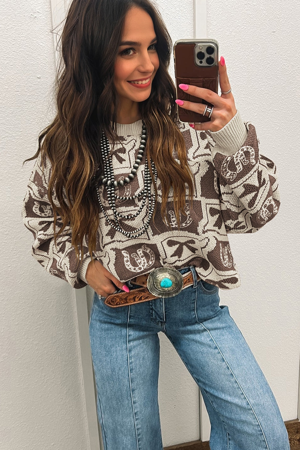 Black Bows & Horseshoes Pattern Western Fashion Print Sweater