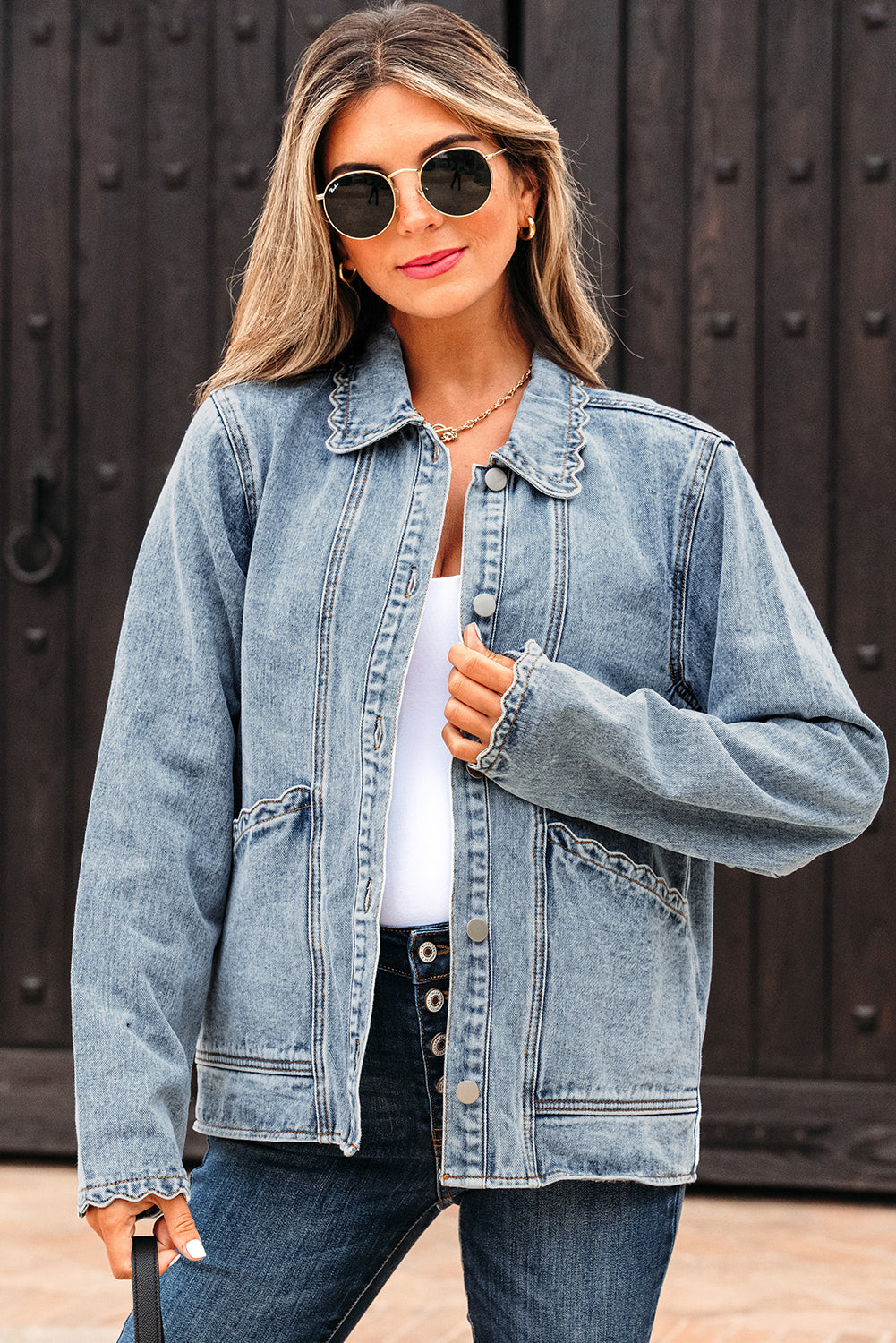 Sail Blue Scallop Trim Collar Patched Pocket Button Up Denim Jacket