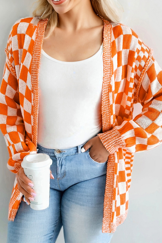 Orange Checkered Bubble Sleeve Drop Shoulder Open Cardigan