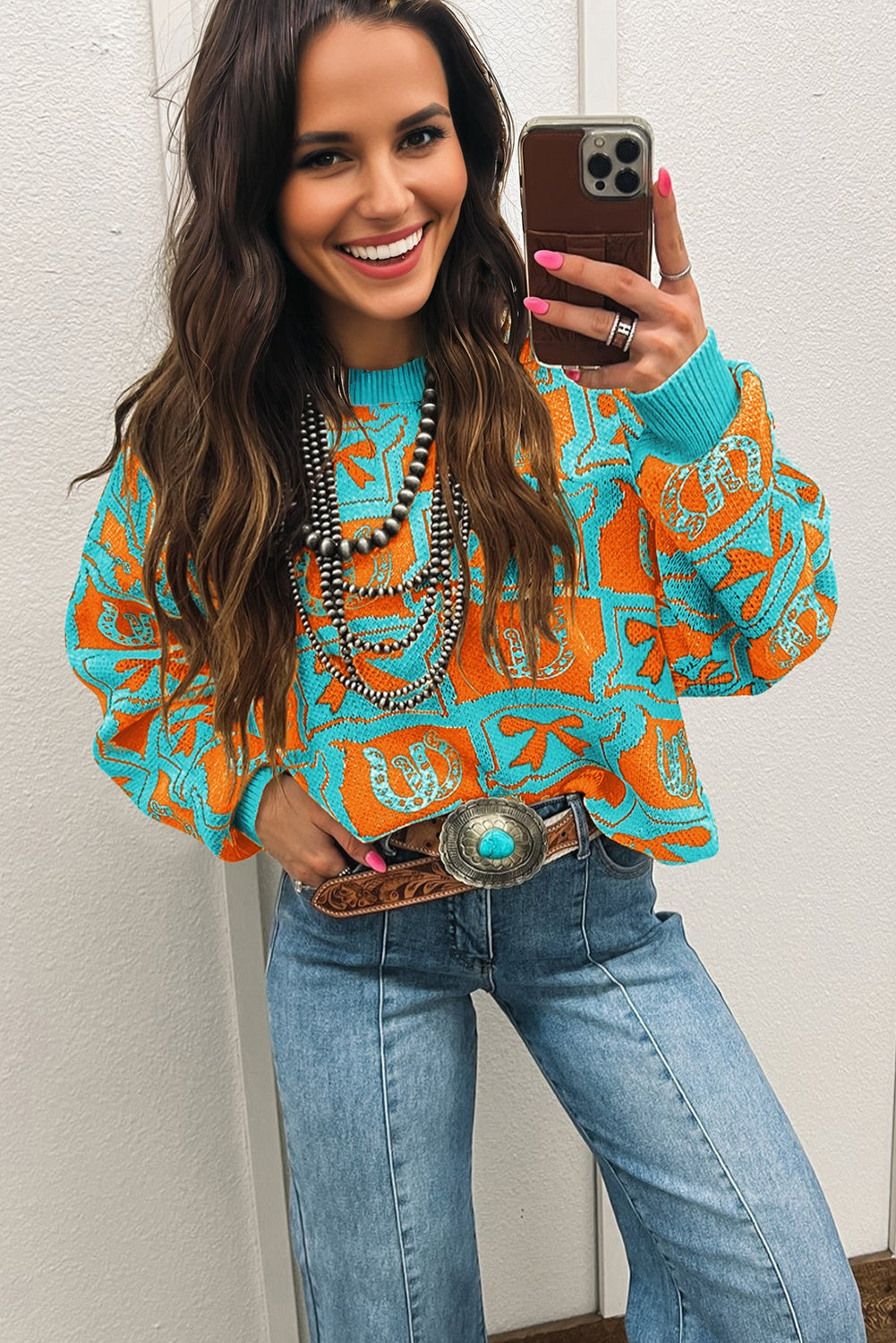 Black Bows & Horseshoes Pattern Western Fashion Print Sweater