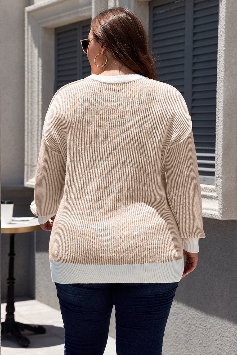 Blue Stripe Plus Size Contrast Trim Crew Neck Rib Knit Drop Shoulder Sweater