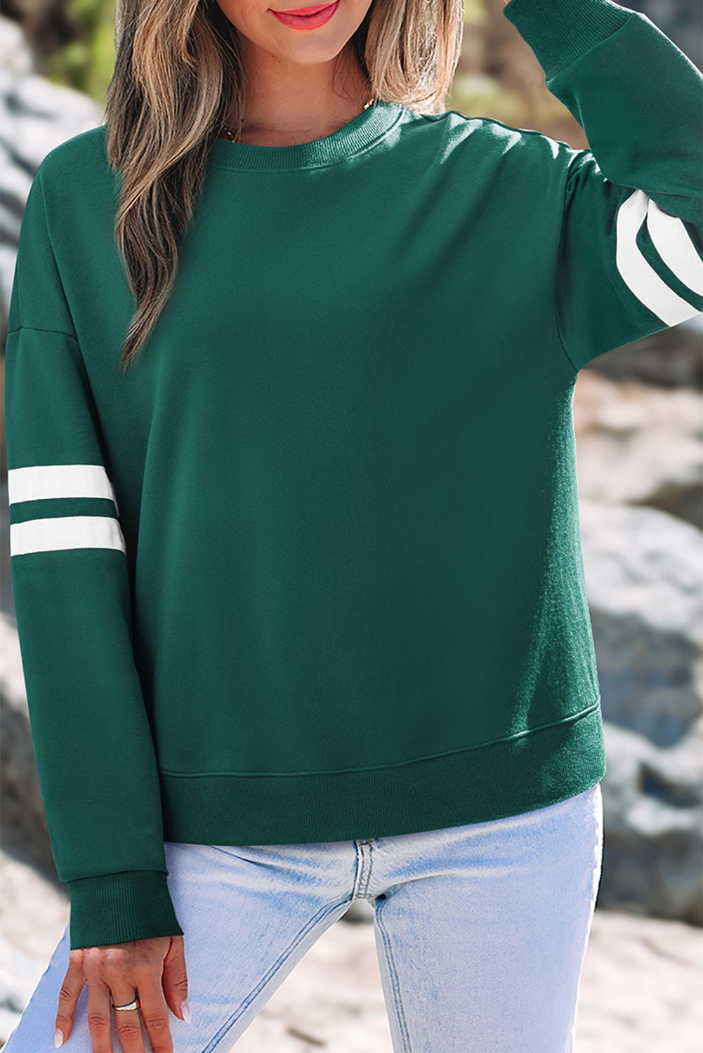 Light French Beige Varsity Striped Detail Drop Shoulder Oversized Sweatshirt