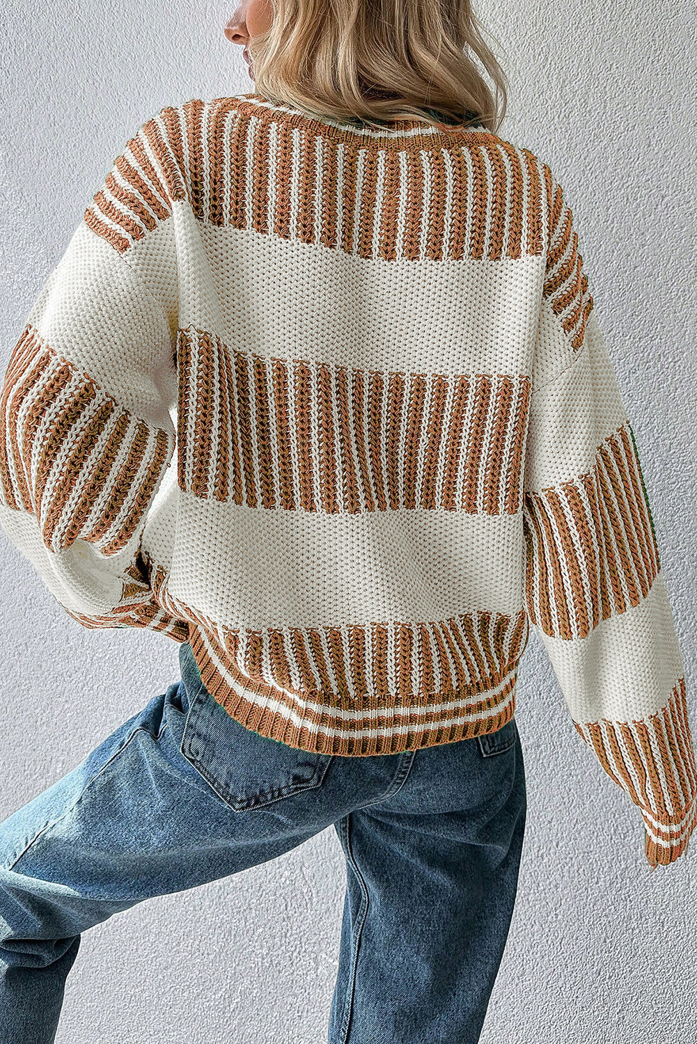 Light Blue Two Tone Striped Patchwork Drop Shoulder Loose Sweater