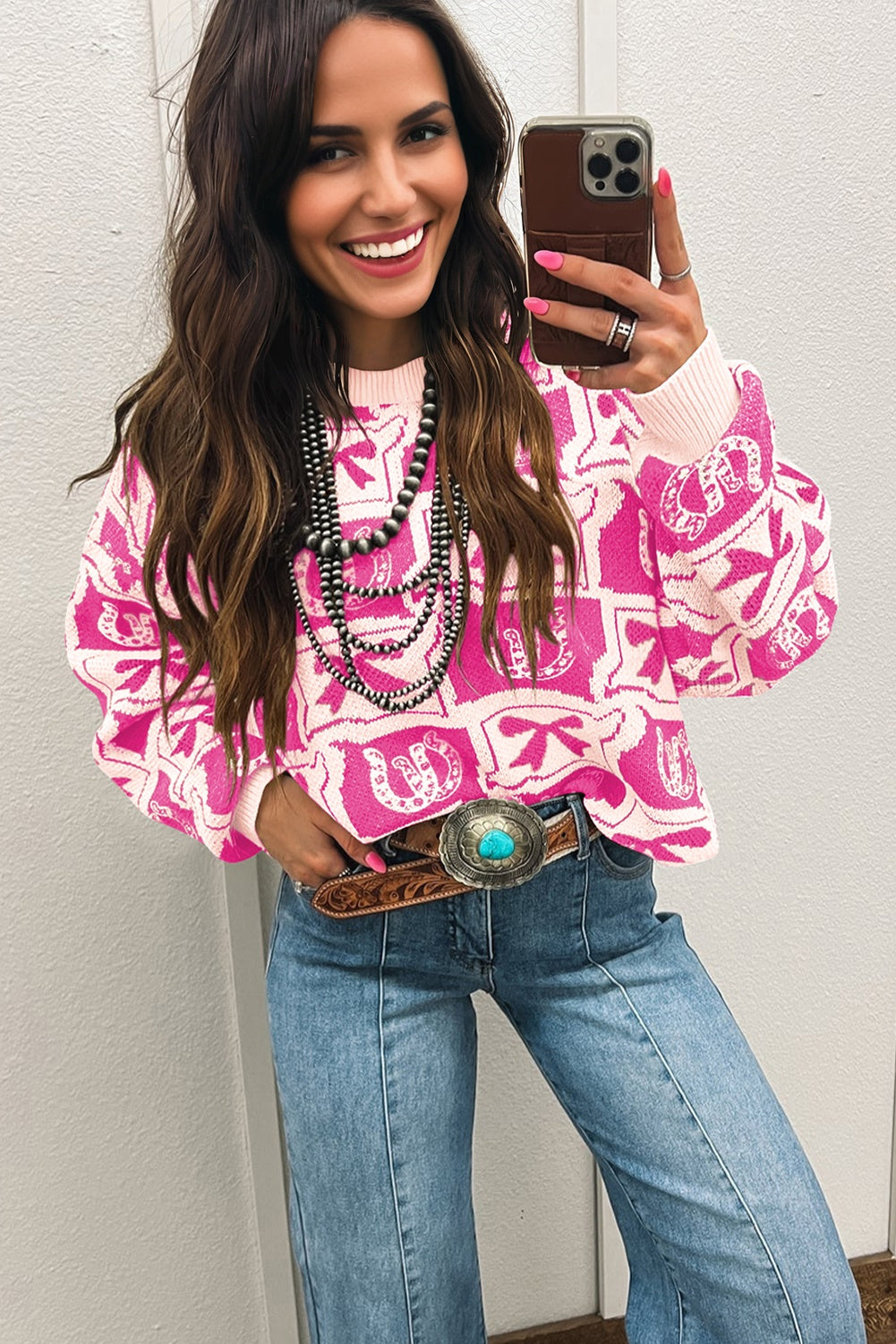 Black Bows & Horseshoes Pattern Western Fashion Print Sweater