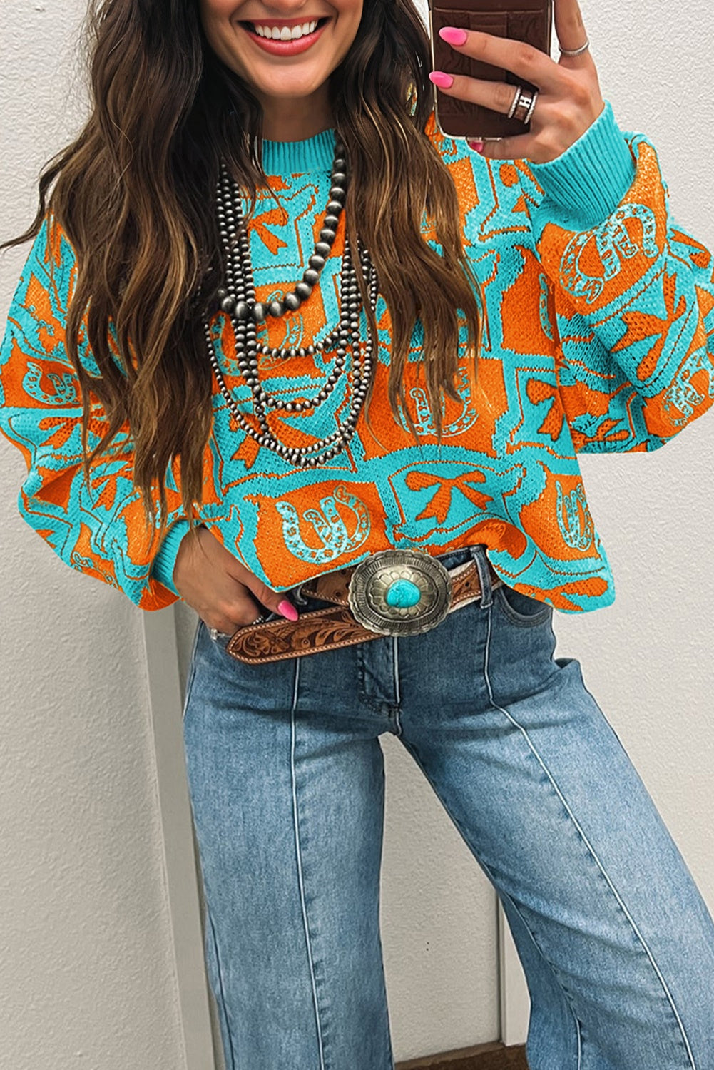 Black Bows & Horseshoes Pattern Western Fashion Print Sweater