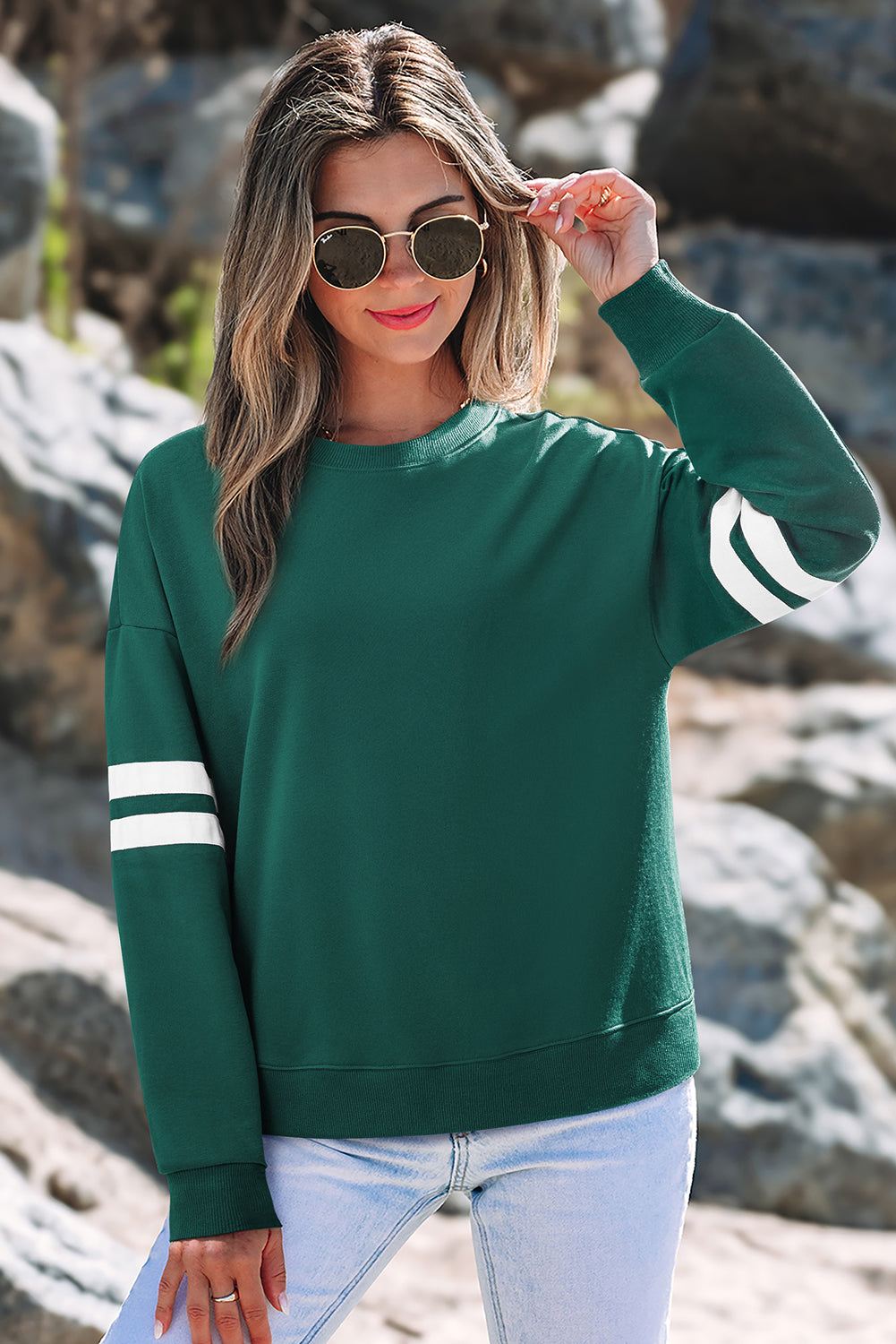 Light French Beige Varsity Striped Detail Drop Shoulder Oversized Sweatshirt
