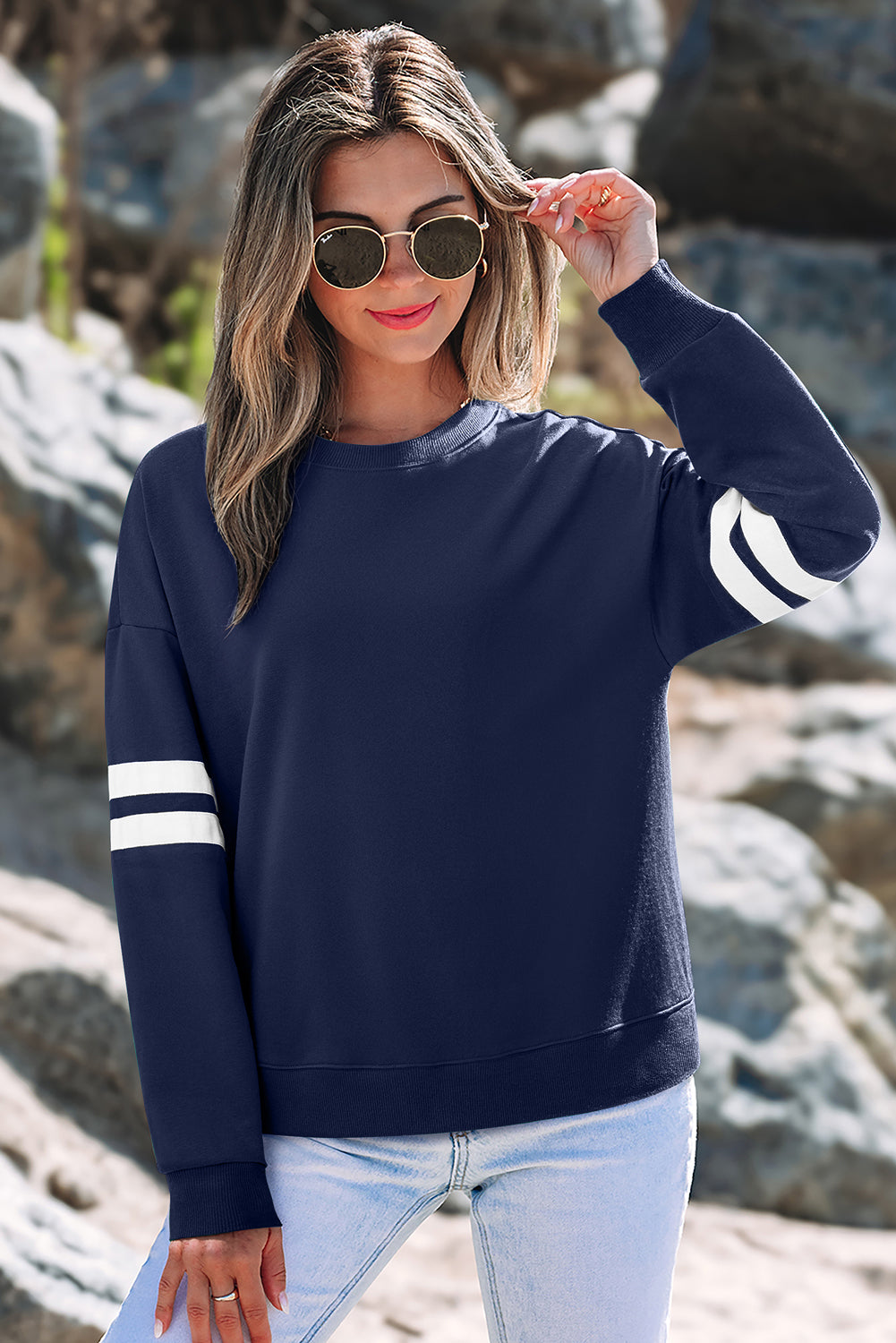 Light French Beige Varsity Striped Detail Drop Shoulder Oversized Sweatshirt