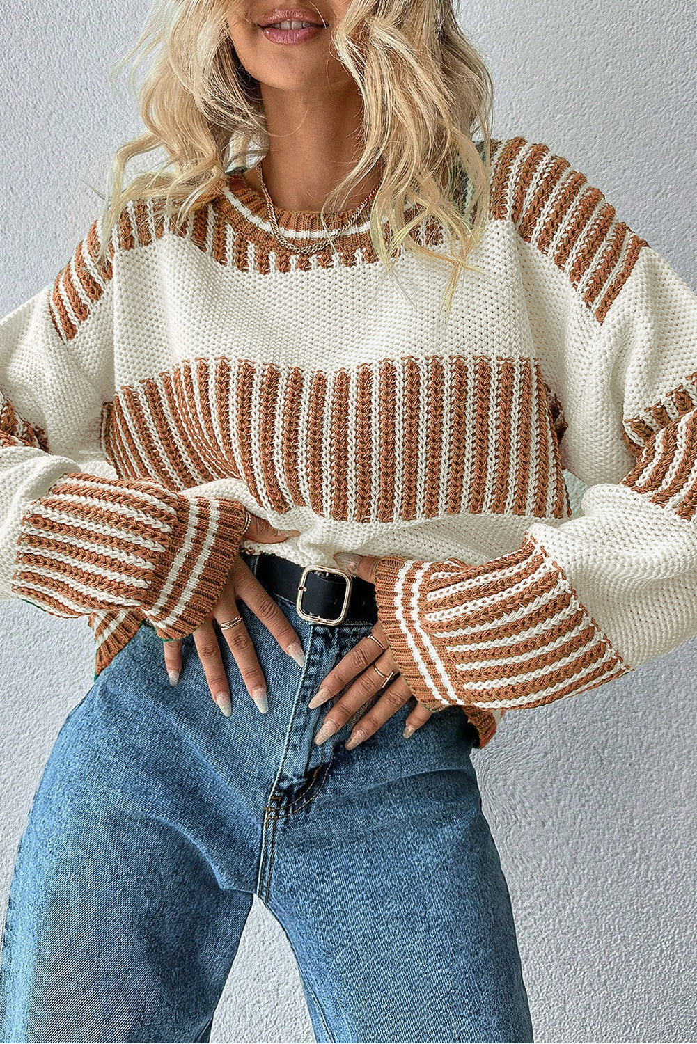 Light Blue Two Tone Striped Patchwork Drop Shoulder Loose Sweater