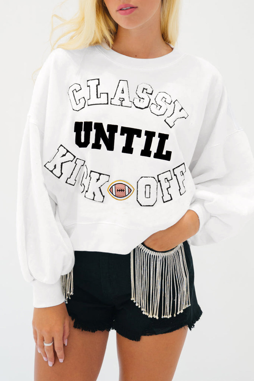 Navy Blue CLASSY UNTIL KICKOFF Plush Letter Patched Loose Sweatshirt