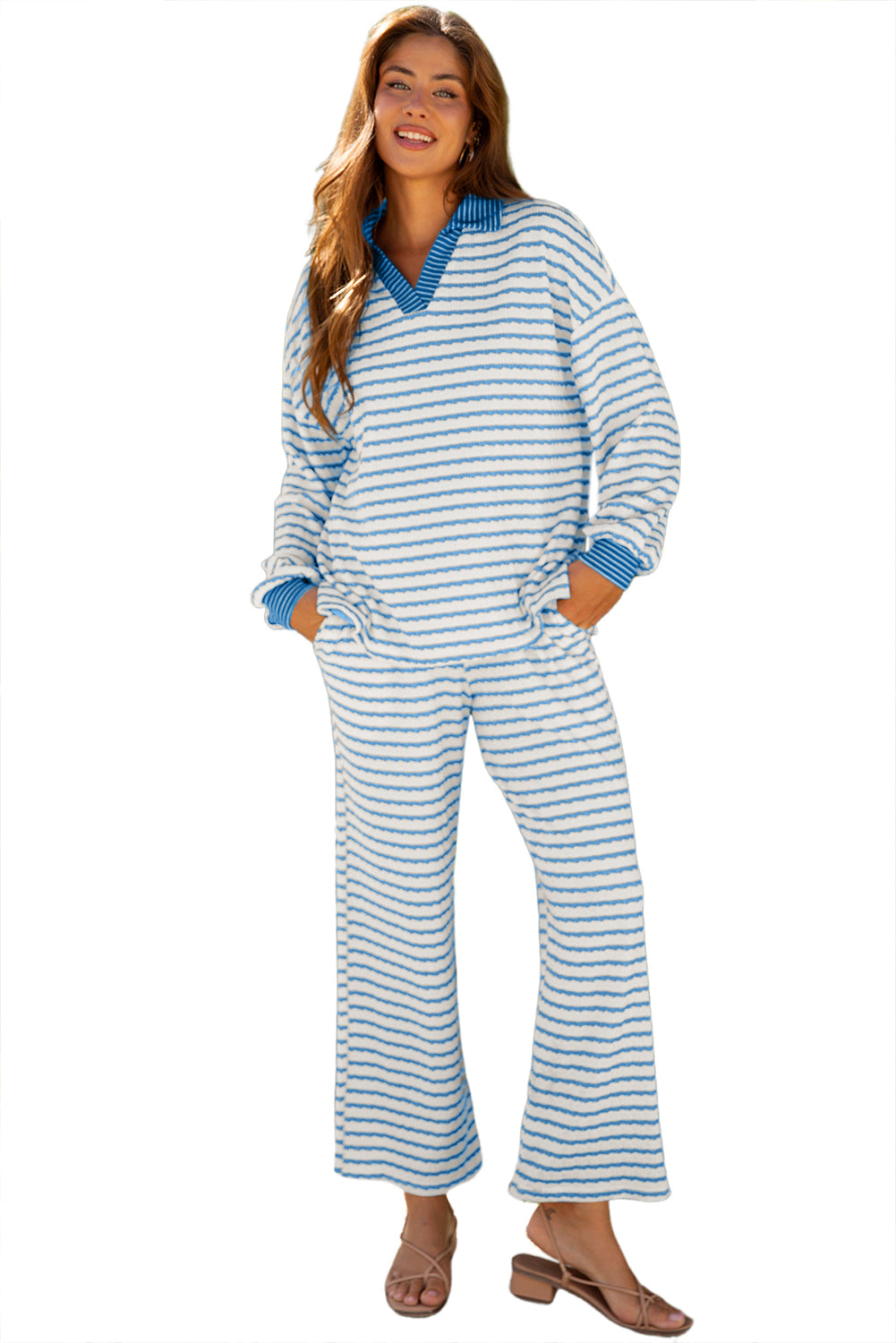 White Stripe Collared Pullover Top and Drawstring Pant Set