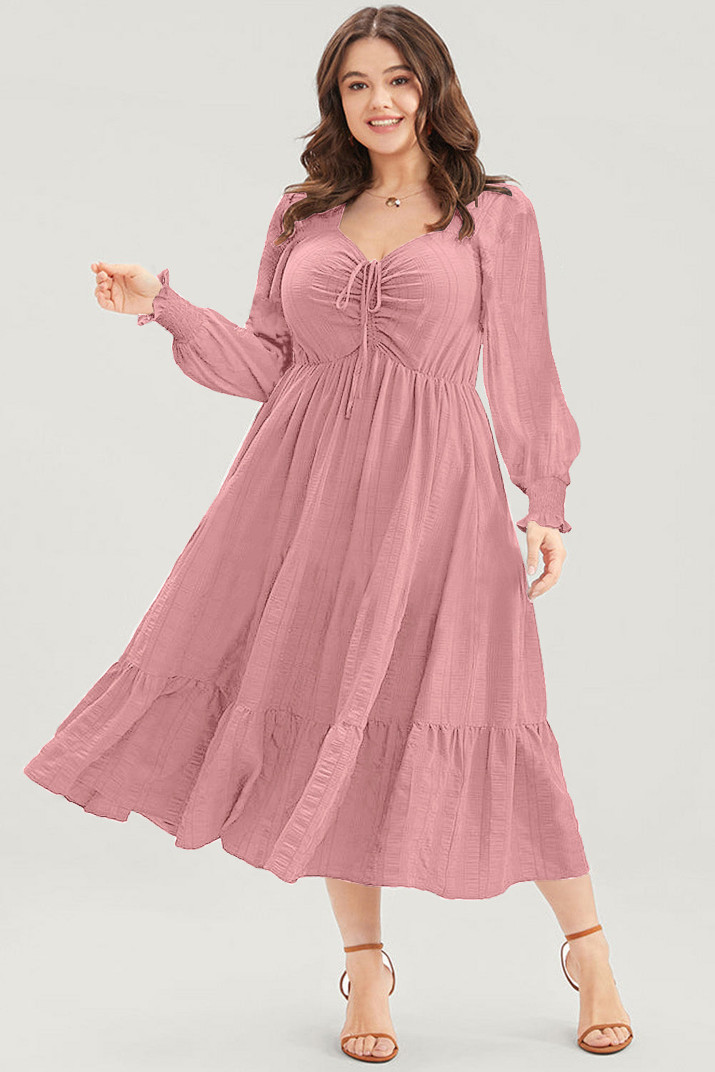 Fiery Red Lace-up Ruched Front Long Sleeve Ruffle Hem Plus Size Midi Dress
