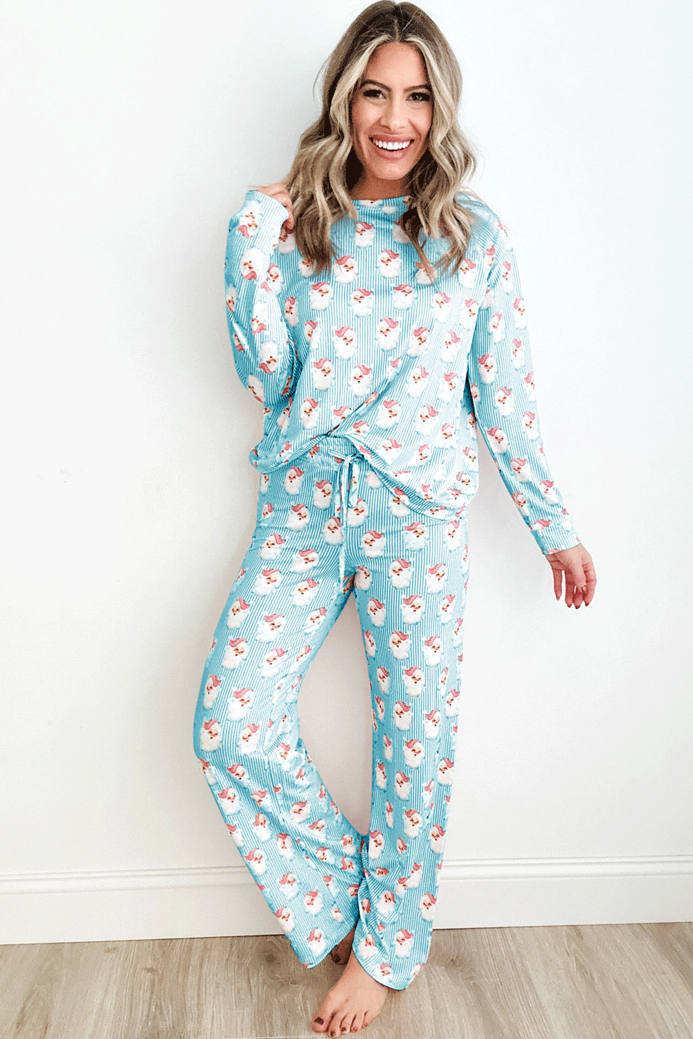 Green Santa Claus Striped Print Loose Fit Two Piece Lounge Set