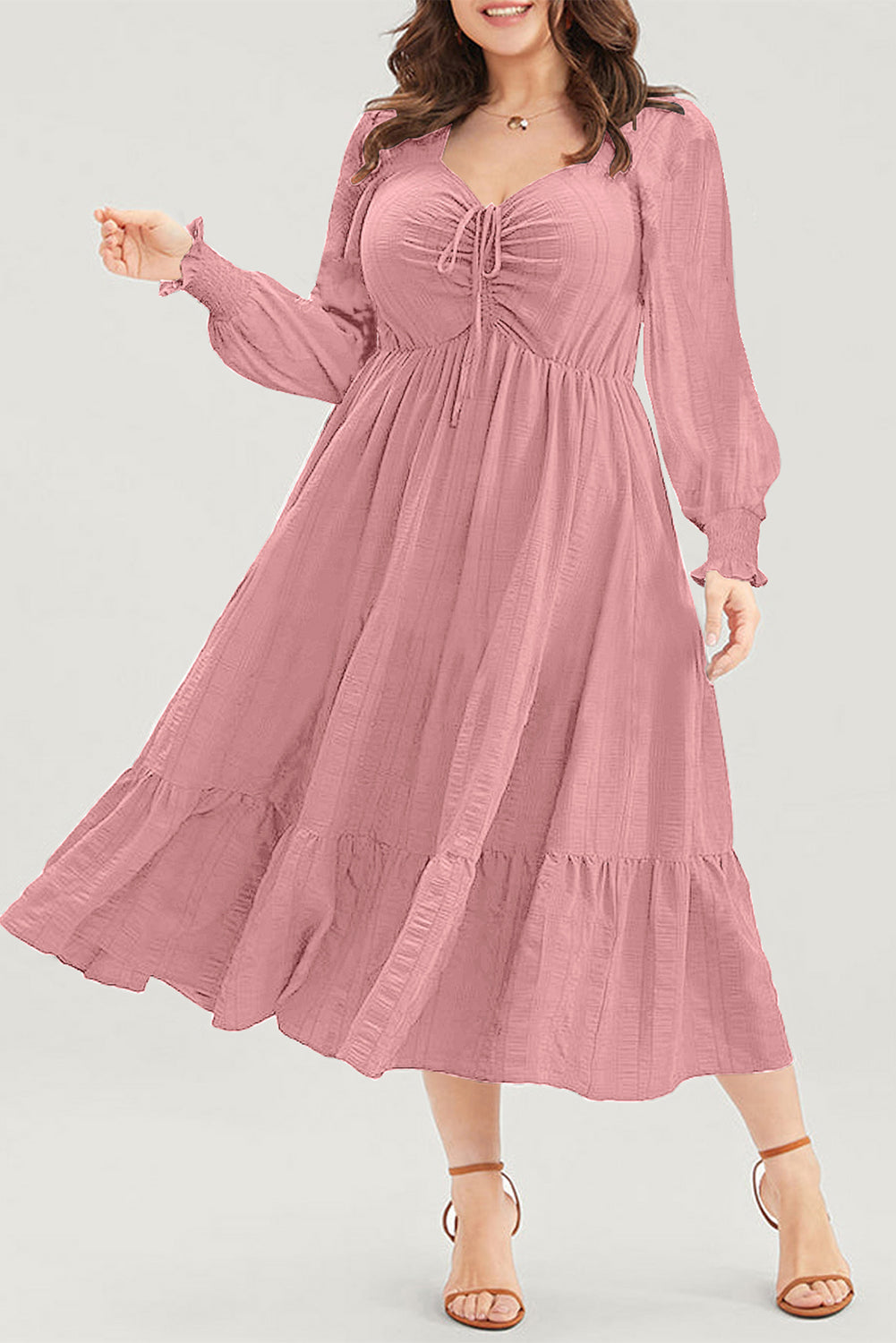 Fiery Red Lace-up Ruched Front Long Sleeve Ruffle Hem Plus Size Midi Dress